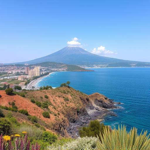 Paesaggio costiero della Sicilia con il vulcano Etna sullo sfondo