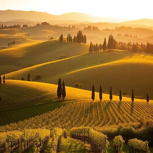 Panorama delle colline toscane con vigneti e cipressi