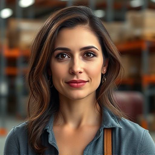 Ritratto di Elena Ferrari, responsabile logistica di Mercato d'Italia, concentrata al lavoro con lo sfondo di un magazzino pieno di prodotti italiani.