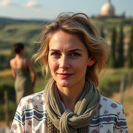 Ritratto di Giulia Bianchi, responsabile marketing di Mercato d'Italia, con un sorriso accogliente e lo sfondo di una campagna umbra.